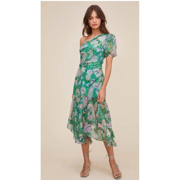 ASTR the label SANTORINI ONE SHOULDER MIDI Dress in Green Lilac Multi Floral S - Picture 1 of 9